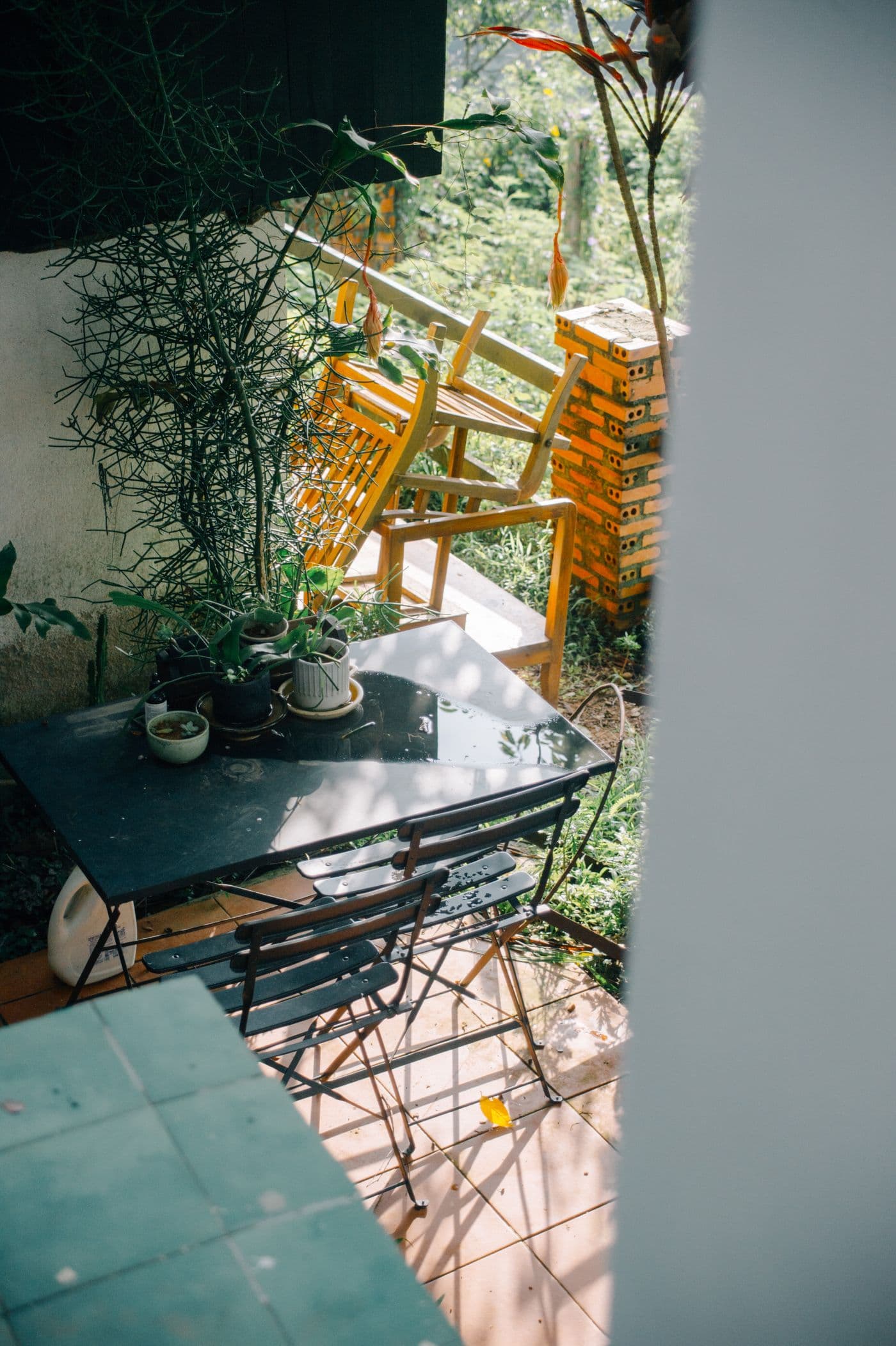Patio en pierre avec coin lounge et plantations